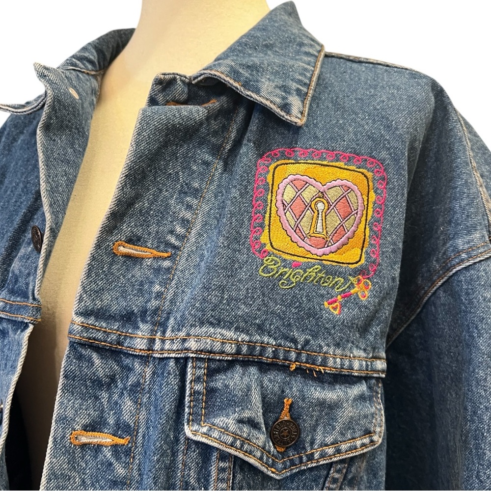 Vintage Brighton Blue Denim Jacket Size L Embroidered Patch Worlds Greatest Mom - Picture 5 of 9
